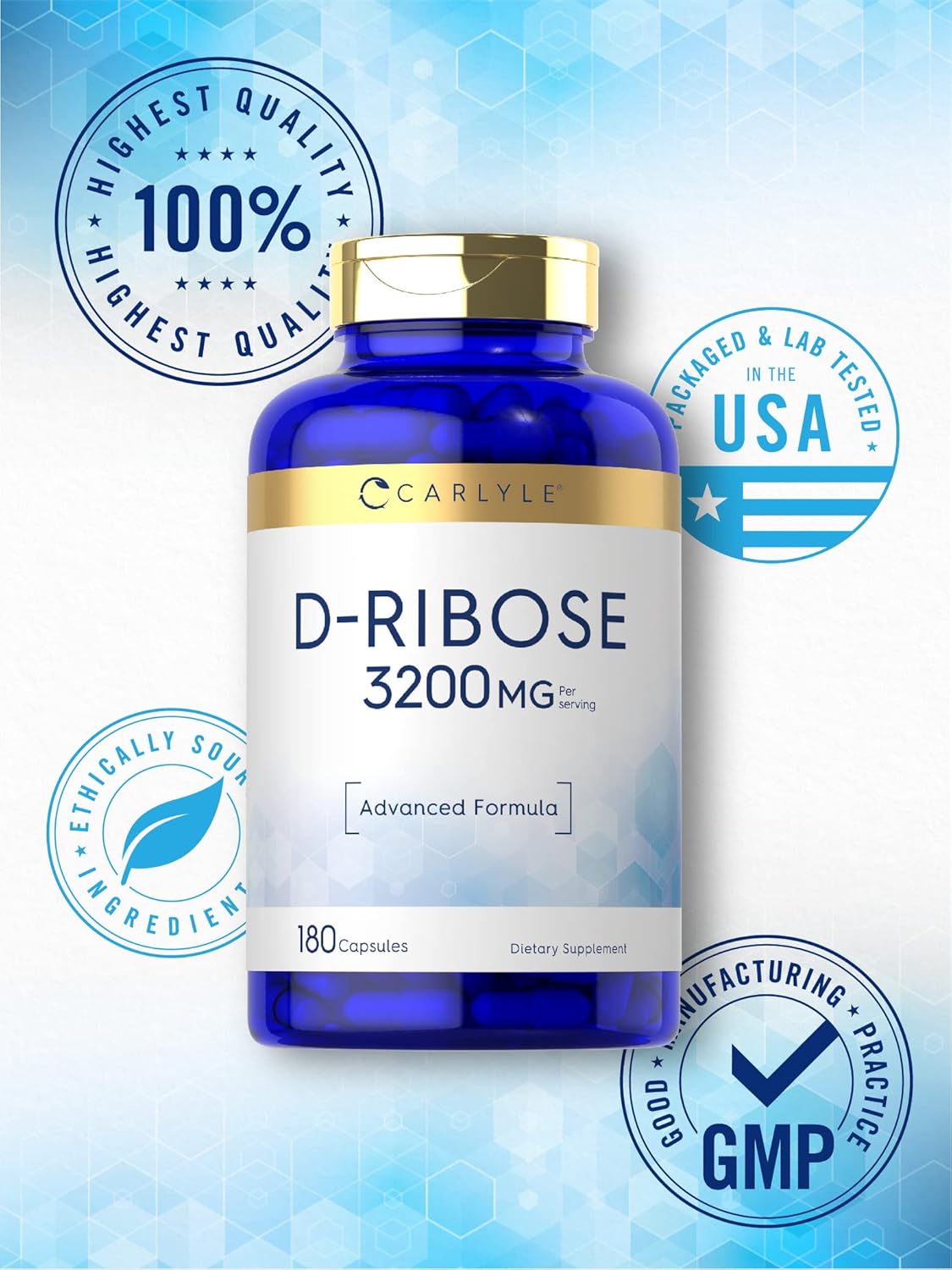 3200mg D-Ribose Capsules - 180 Pills | Advanced Formula, Non-GMO, Gluten Free Supplement by Carlyle
