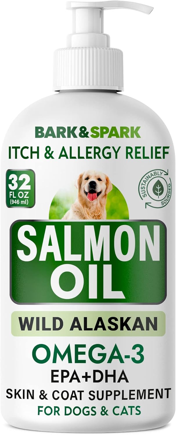 32oz BARK&SPARK Salmon Oil Liquid Supplement for Pets - Omega-3 Fish Oil for Dogs & Cats - Supports Skin, Coat, Joints, Immune & Heart Health