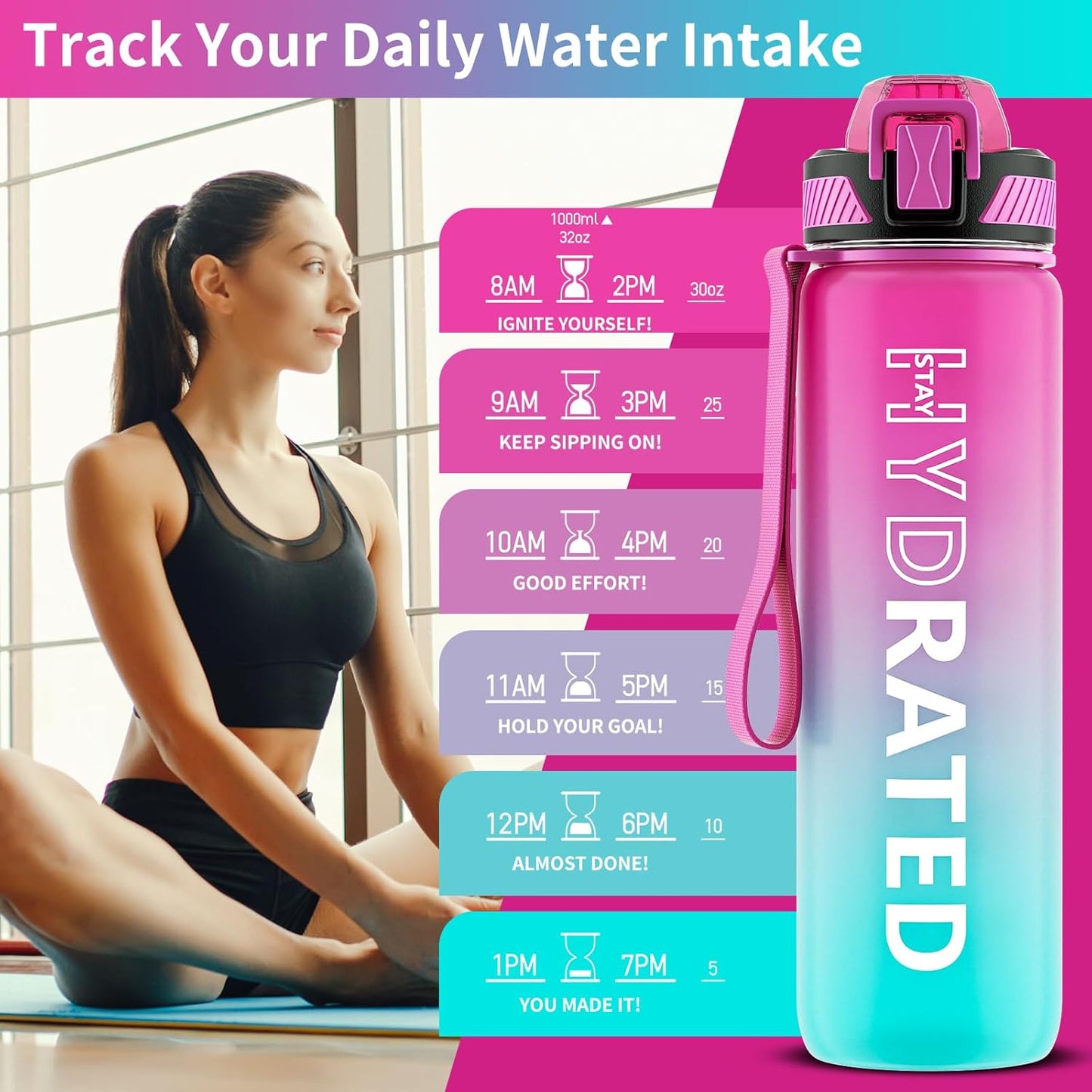 32oz Motivational Water Bottle with Time Marker and Straw - Tritan BPA Free Sports Bottle for Women - LeakProof, Carry Strap, 1L Capacity - Ideal for Gym, Fitness, Outdoor Activities