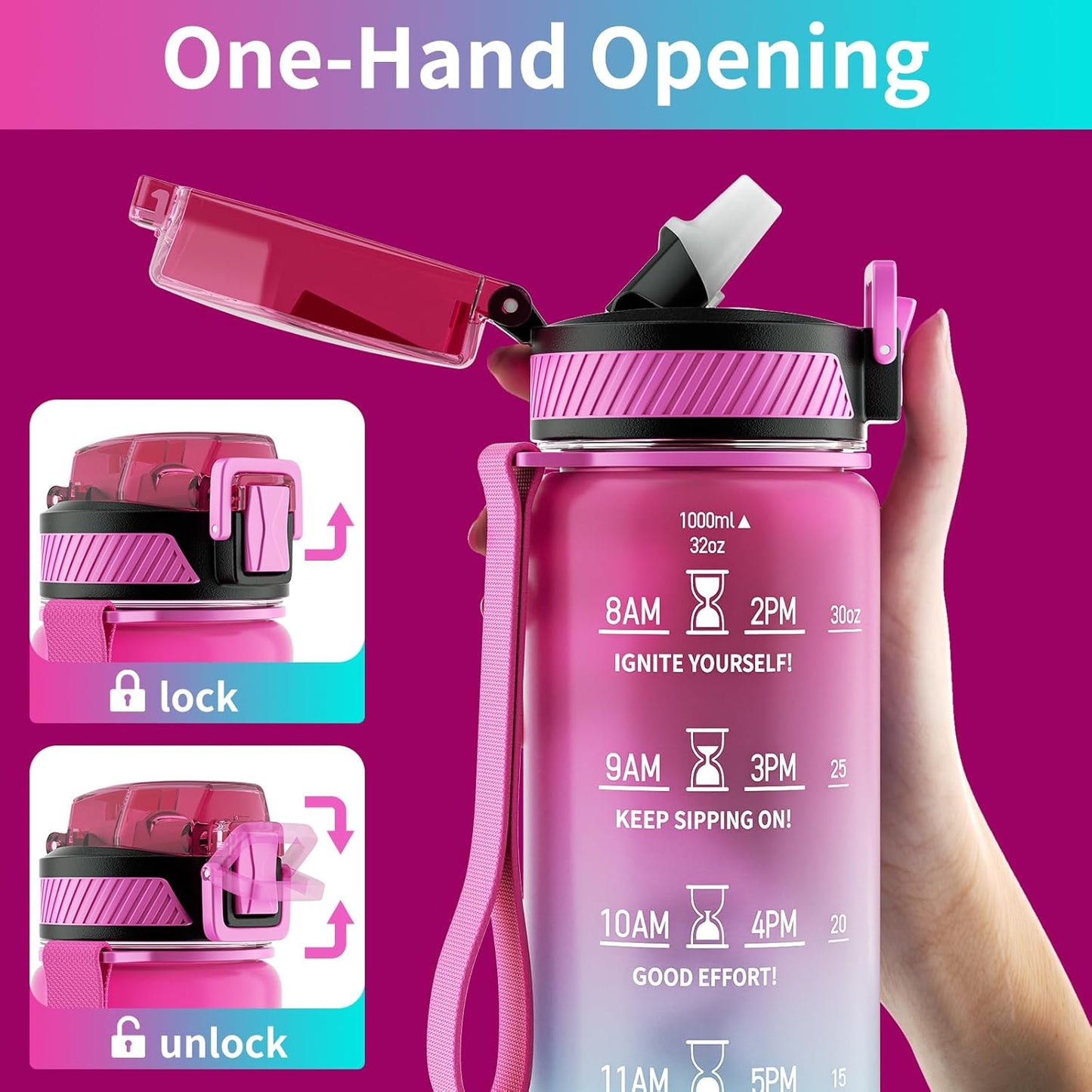 32oz Motivational Water Bottle with Time Marker and Straw - Tritan BPA Free Sports Bottle for Women - LeakProof, Carry Strap, 1L Capacity - Ideal for Gym, Fitness, Outdoor Activities