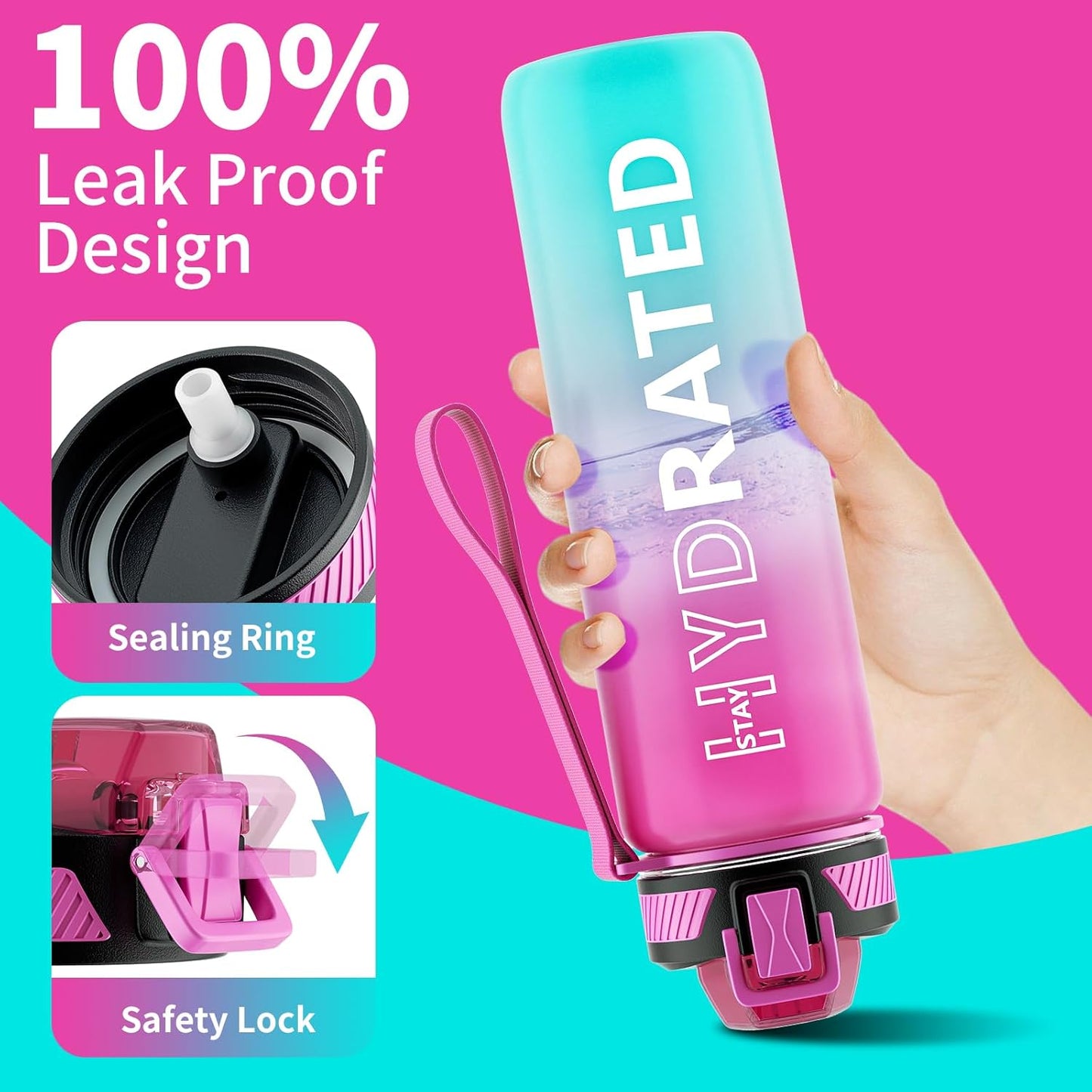 32oz Motivational Water Bottle with Time Marker and Straw - Tritan BPA Free Sports Bottle for Women - LeakProof, Carry Strap, 1L Capacity - Ideal for Gym, Fitness, Outdoor Activities