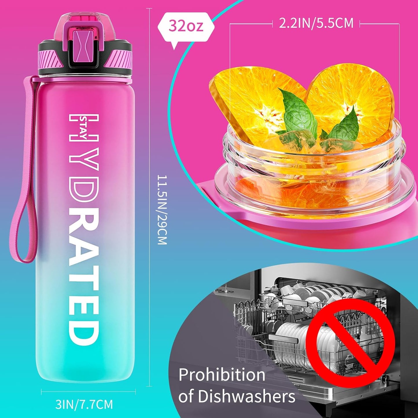 32oz Motivational Water Bottle with Time Marker and Straw - Tritan BPA Free Sports Bottle for Women - LeakProof, Carry Strap, 1L Capacity - Ideal for Gym, Fitness, Outdoor Activities