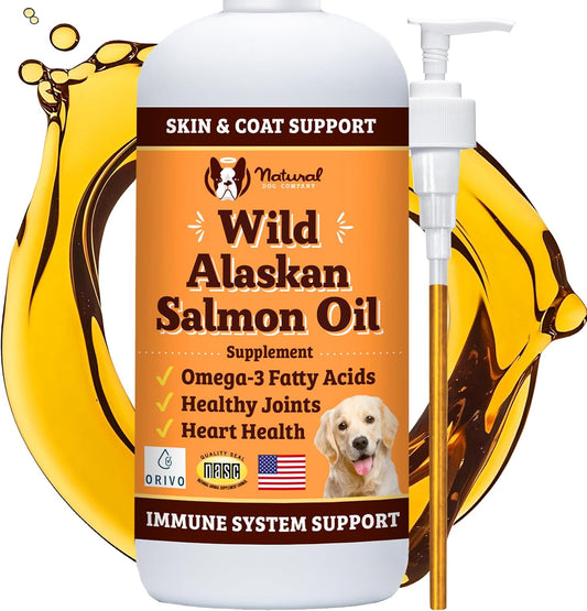32oz Natural Dog Company Wild-Caught Salmon Oil with Pump for Dogs - Omega 3 Supplement for Joint Health, Skin & Coat - Essential Fatty Acids