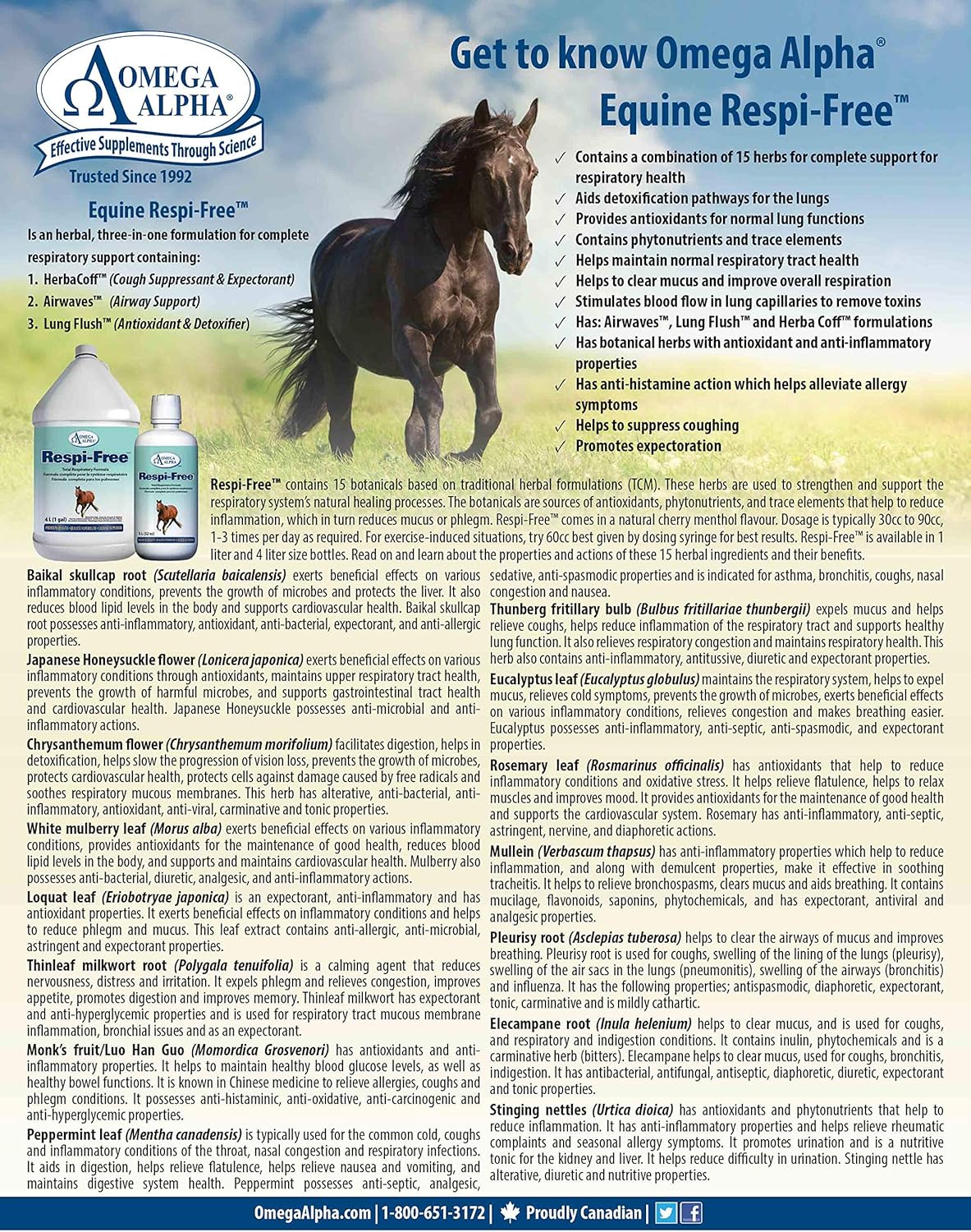 32oz Omega Alpha Equine Respi-Free Supplement for Horses