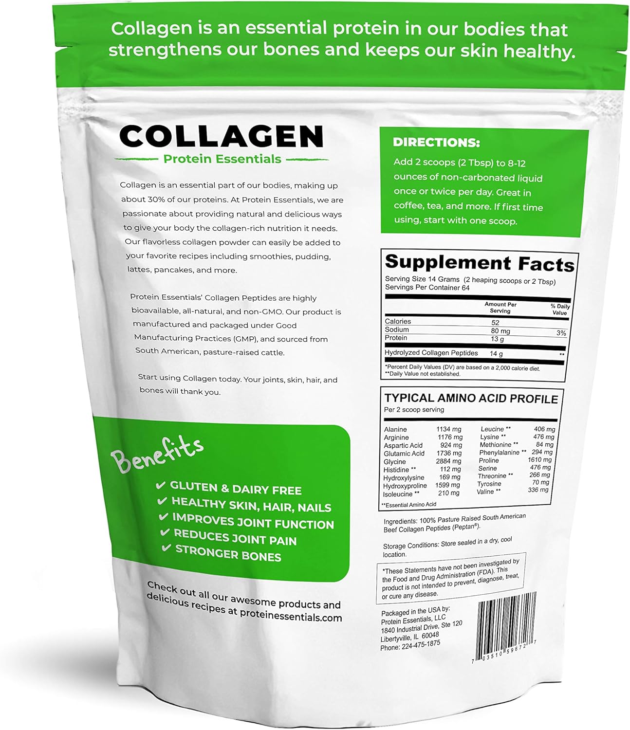 32oz Protein Essentials Collagen Peptides Powder - Grass-Fed, Paleo & Keto Friendly, NonGMO, Gluten-Free - Unflavored
