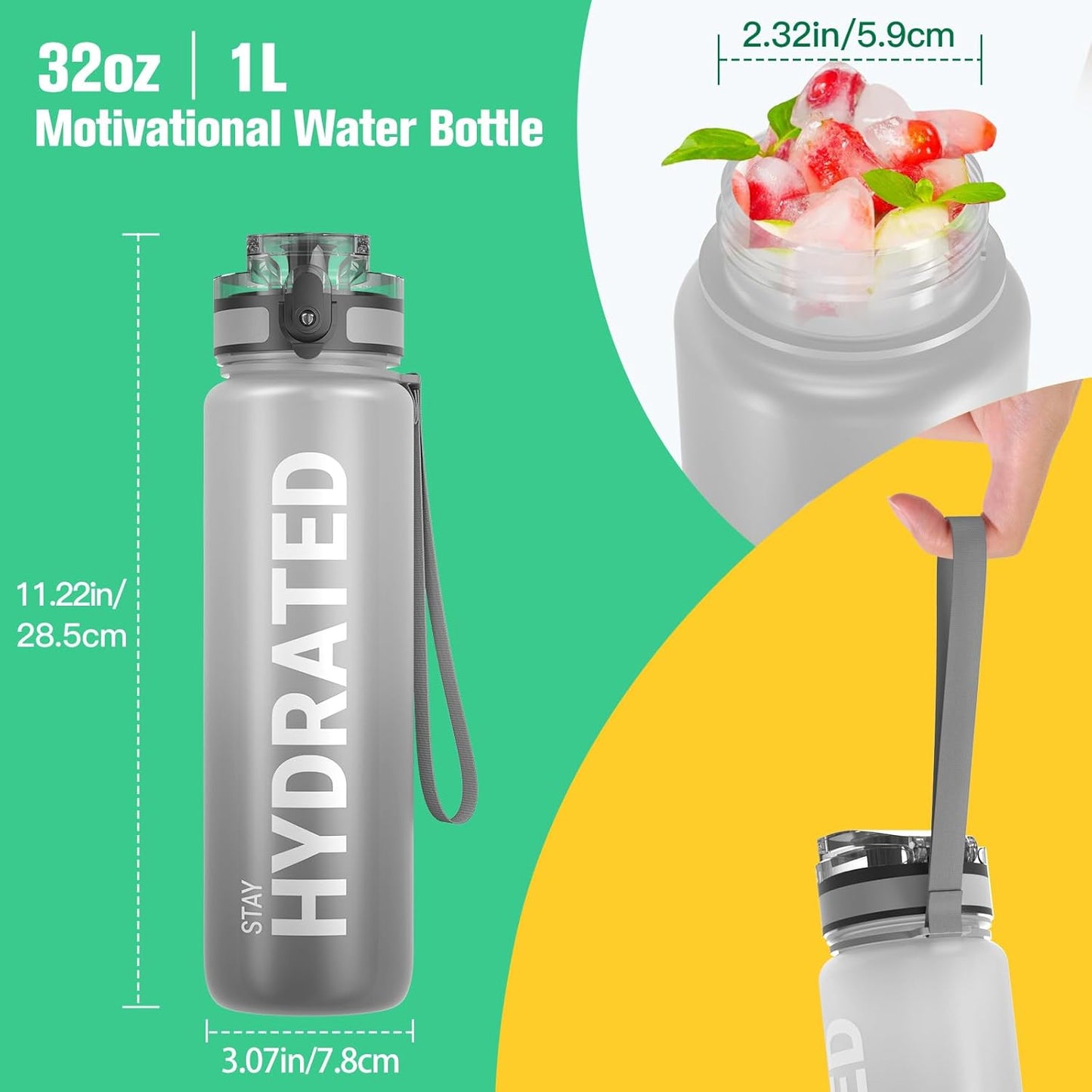 32oz Sahara Sailor Water Bottle - Durable Leakproof Tritan Bottle with Time Marker, BPA Free, Wide Mouth, Easy Clean Brush - Ideal for Gym, Travel, School, Office - Motivational Hydration (1 Bottle)
