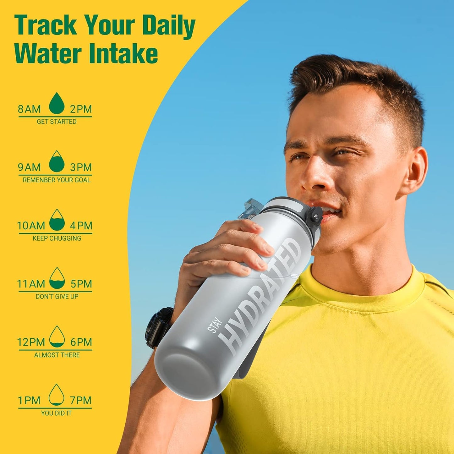 32oz Sahara Sailor Water Bottle - Durable Leakproof Tritan Bottle with Time Marker, BPA Free, Wide Mouth, Easy Clean Brush - Ideal for Gym, Travel, School, Office - Motivational Hydration (1 Bottle)