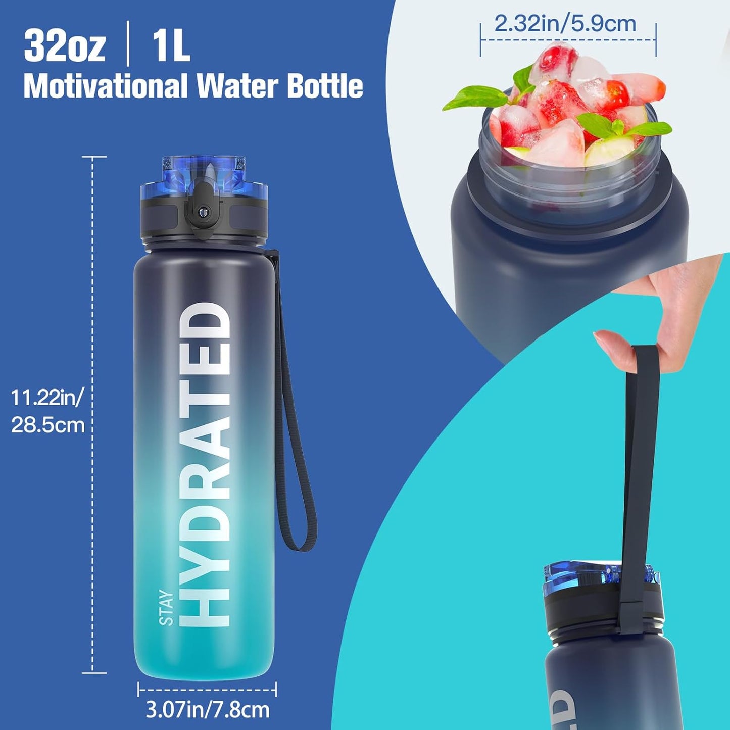 32oz Sahara Sailor Water Bottle with Time Marker, Leakproof Tritan, BPA Free - Ideal for Gym, Travel, School, Office - Easy Clean Brush Included