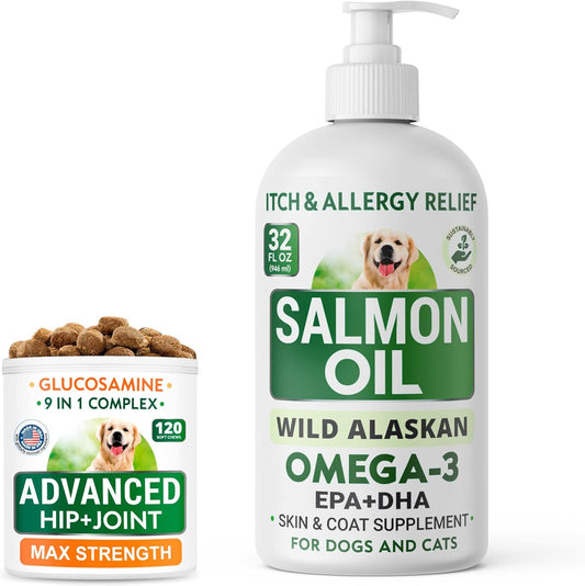32oz Salmon Oil + 120 Glucosamine Treats Bundle for Skin & Coat Support, Joint Pain Relief - EPA, DHA Fatty Acids, Chondroitin, Omega-3 - Advanced Health for Immune, Heart, Joints - Made in USA
