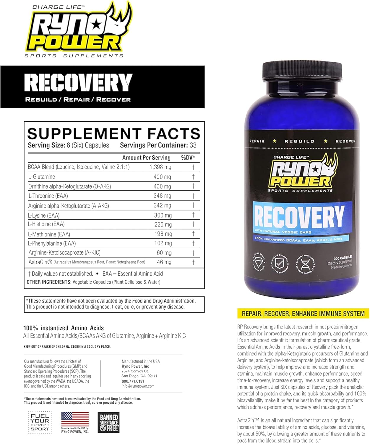 33 Serving Ryno Power Post-Workout Recovery Supplement Capsules