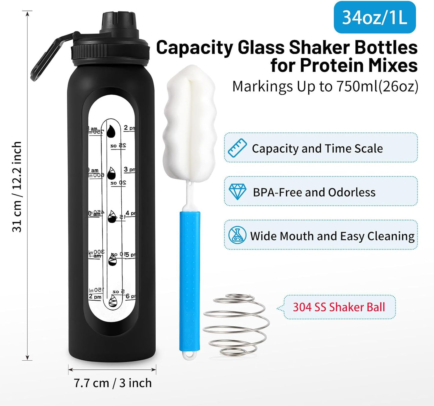 34oz RhythmFit Glass Shaker Bottle with 304SS Ball, BPA-Free Blender for Protein Mixes, Includes Retractable Cleaning Brush - Black