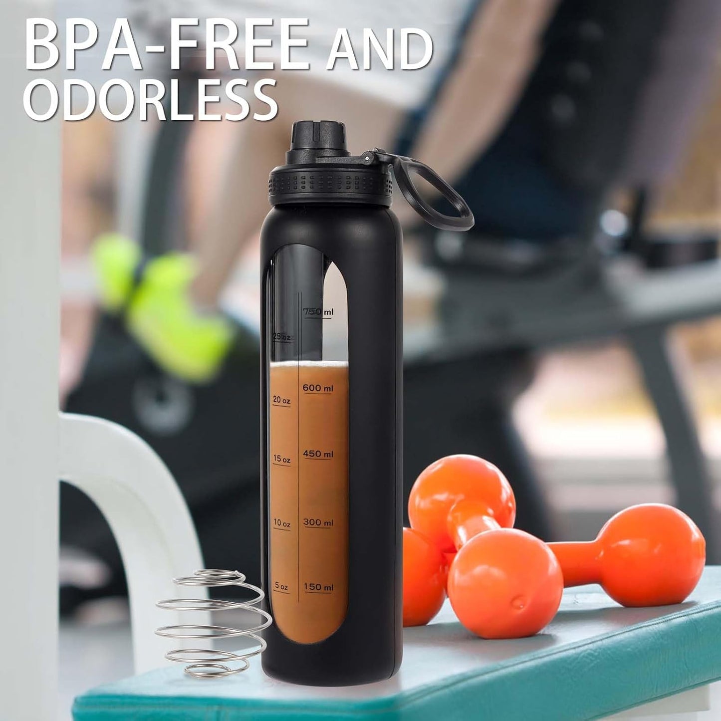 34oz RhythmFit Glass Shaker Bottle with 304SS Ball, BPA-Free Blender for Protein Mixes, Includes Retractable Cleaning Brush - Black