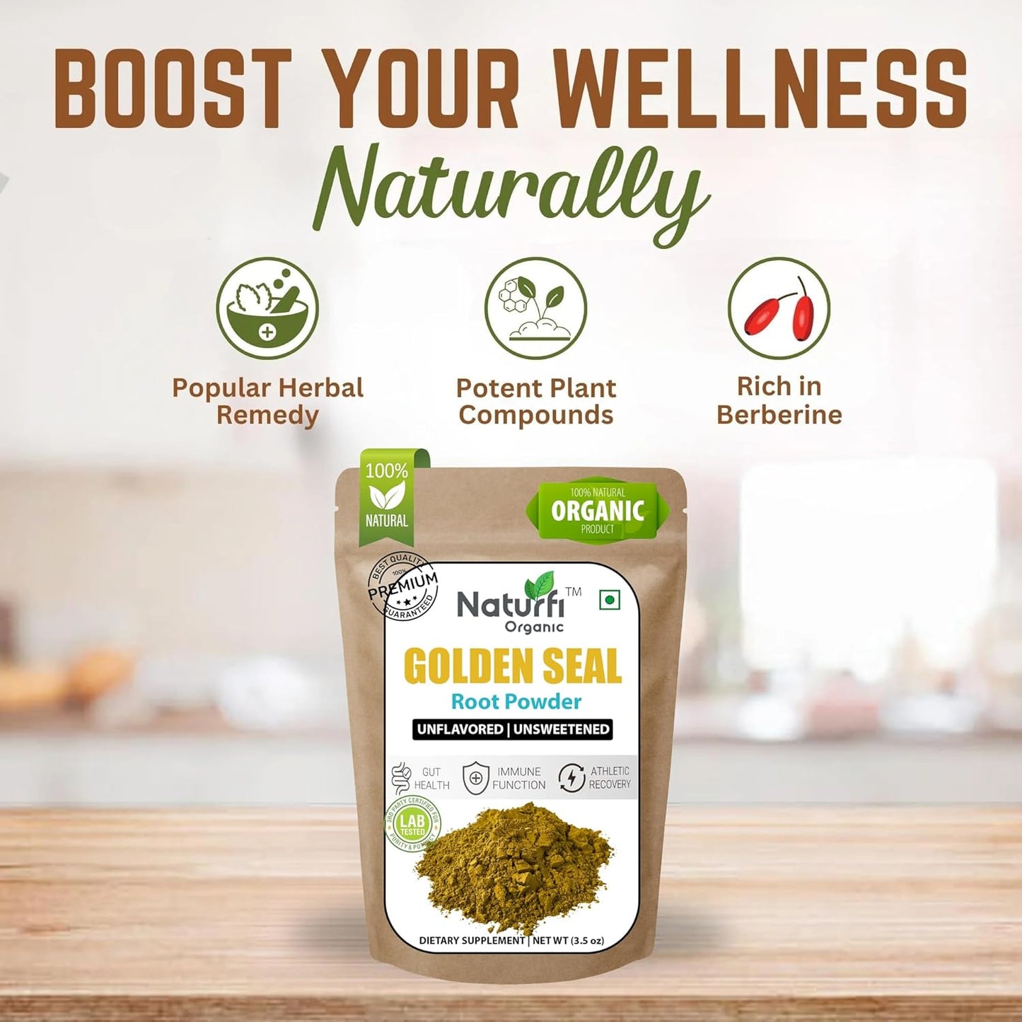 3.5 oz of Certified Organic Goldenseal Root Powder, 100 Servings, Premium Quality, Lab Tested