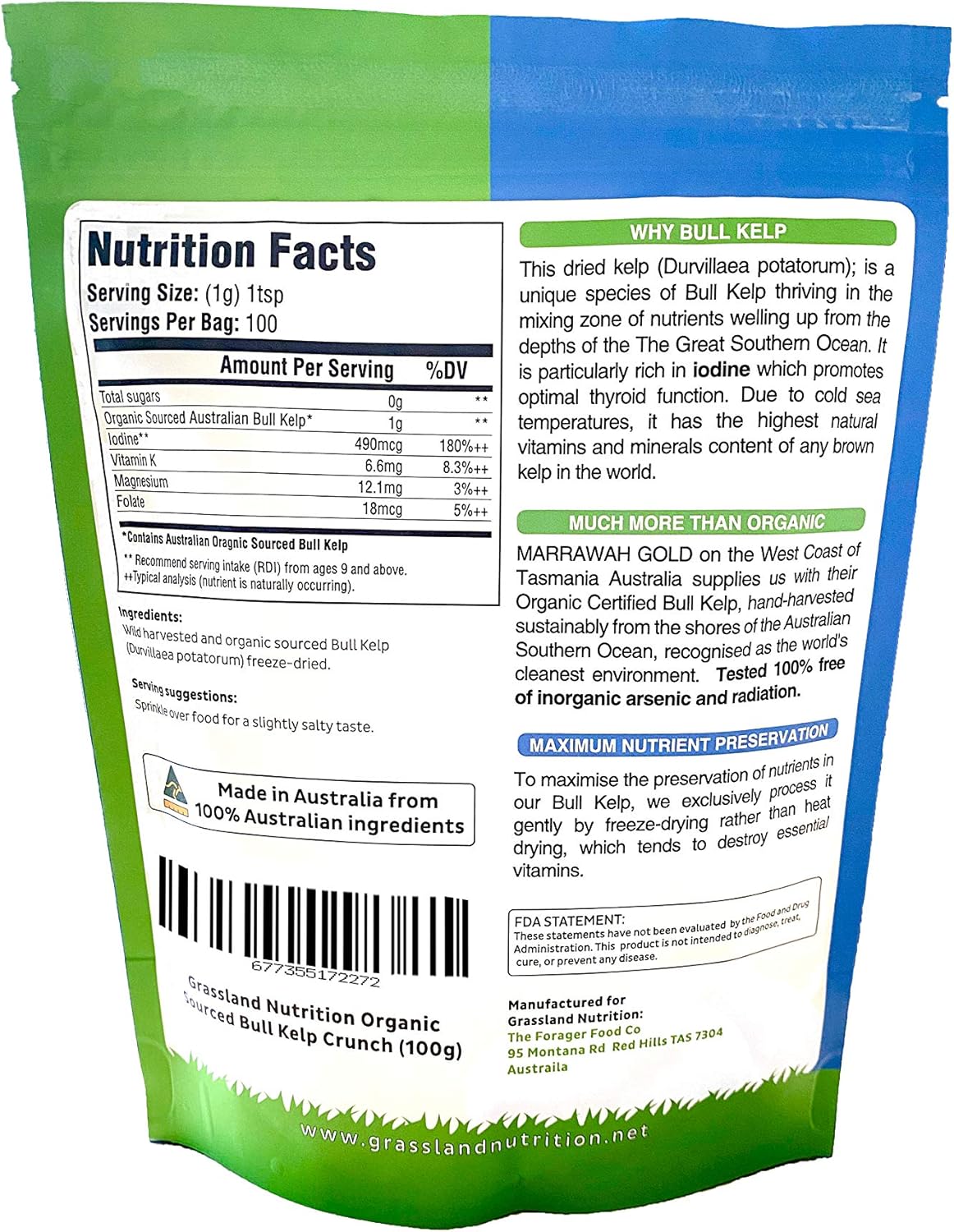3.5 OZ Organic Bull Kelp Crunch - Sustainably Harvested Durvillaea Potatorum for Thyroid Support, Non-GMO, Vegan-Friendly