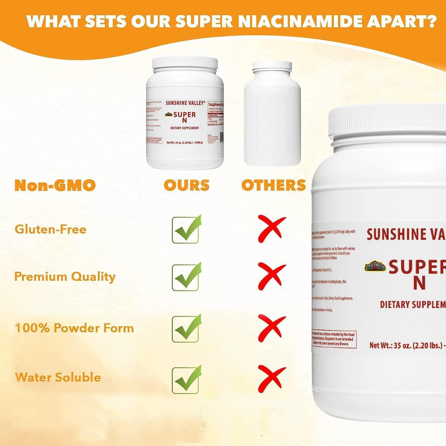 35 oz Sunshine Valley Super N Niacinamide Powder - Vitamin B3 Supplement for Energy, Digestion, Anti-Aging, and Skin Health - Gluten-Free Formula