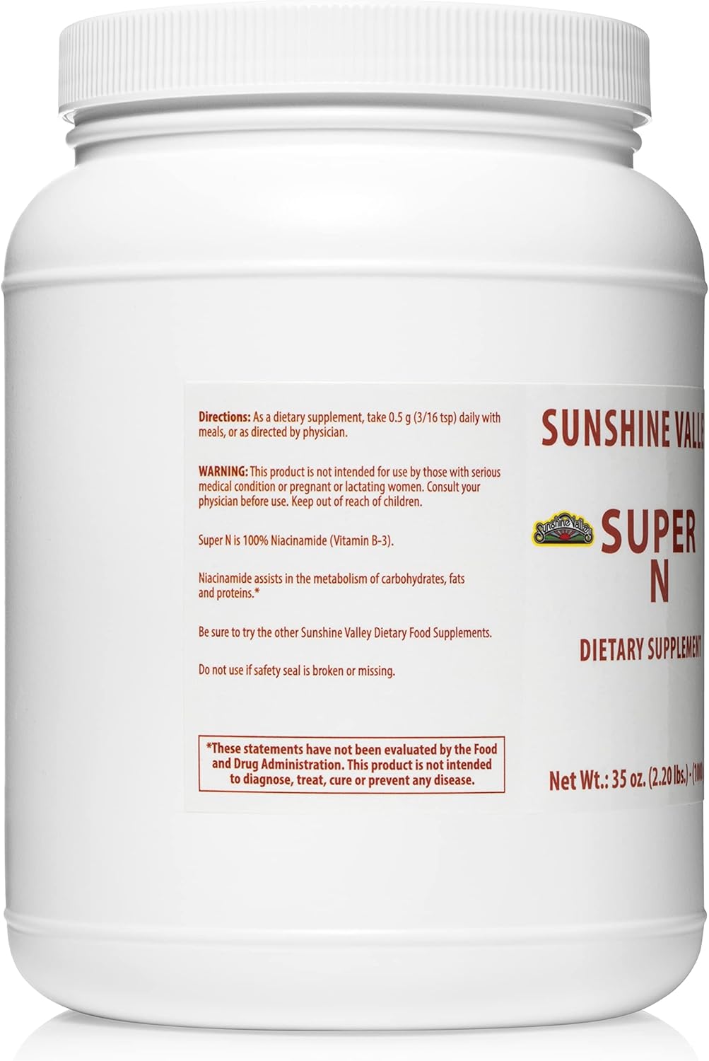 35 oz Sunshine Valley Super N Niacinamide Powder - Niacin Vitamin B3 Supplement for Energy, Digestion, Anti-Aging & Skin - Natural, Gluten-Free, Flush-Free