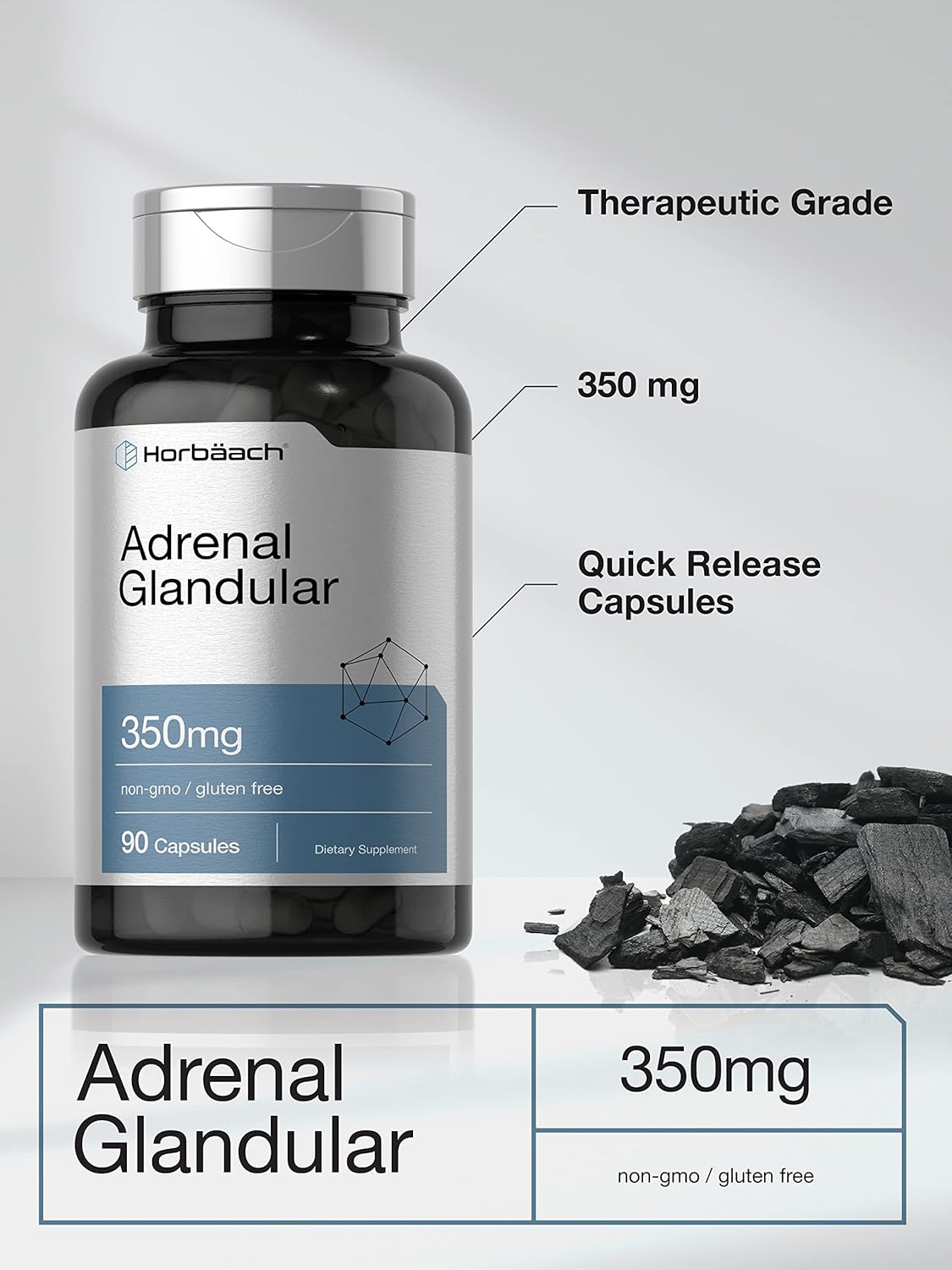 350mg Horbäach Raw Adrenal Glandular Capsules - 90 Count - Non-GMO & Gluten Free Supplement