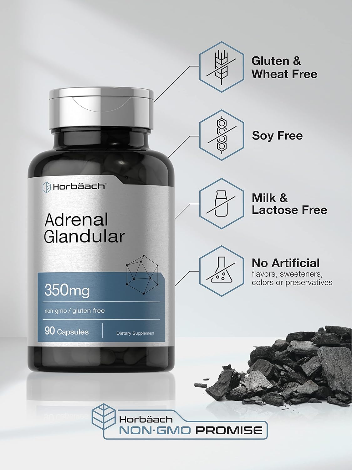 350mg Horbäach Raw Adrenal Glandular Capsules - 90 Count - Non-GMO & Gluten Free Supplement