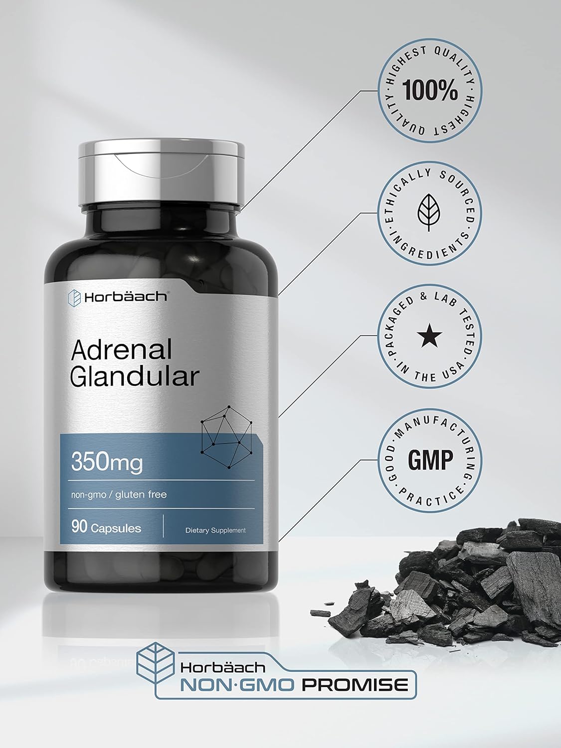 350mg Horbäach Raw Adrenal Glandular Capsules - 90 Count - Non-GMO & Gluten Free Supplement