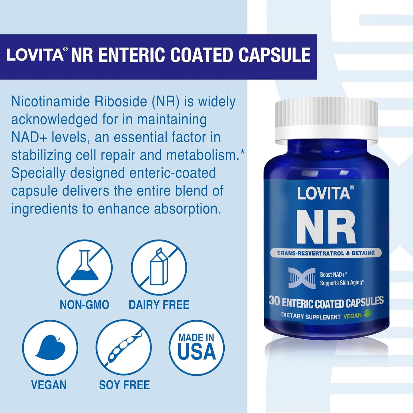 350mg Lovita NR NAD Supplement with Trans-Resveratrol and Betaine for Healthy Aging - 30 Vegan Enteric-Coated Capsules