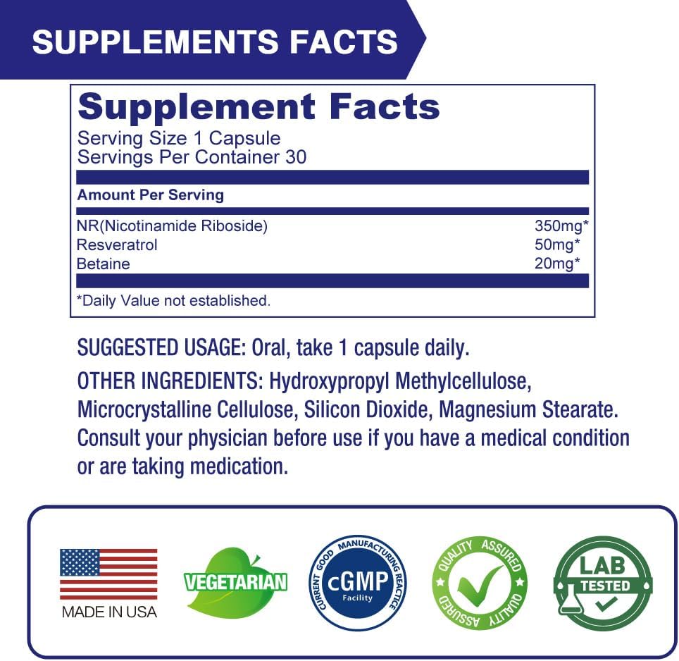 350mg Lovita NR NAD Supplement with Trans-Resveratrol and Betaine for Healthy Aging - 30 Vegan Enteric-Coated Capsules