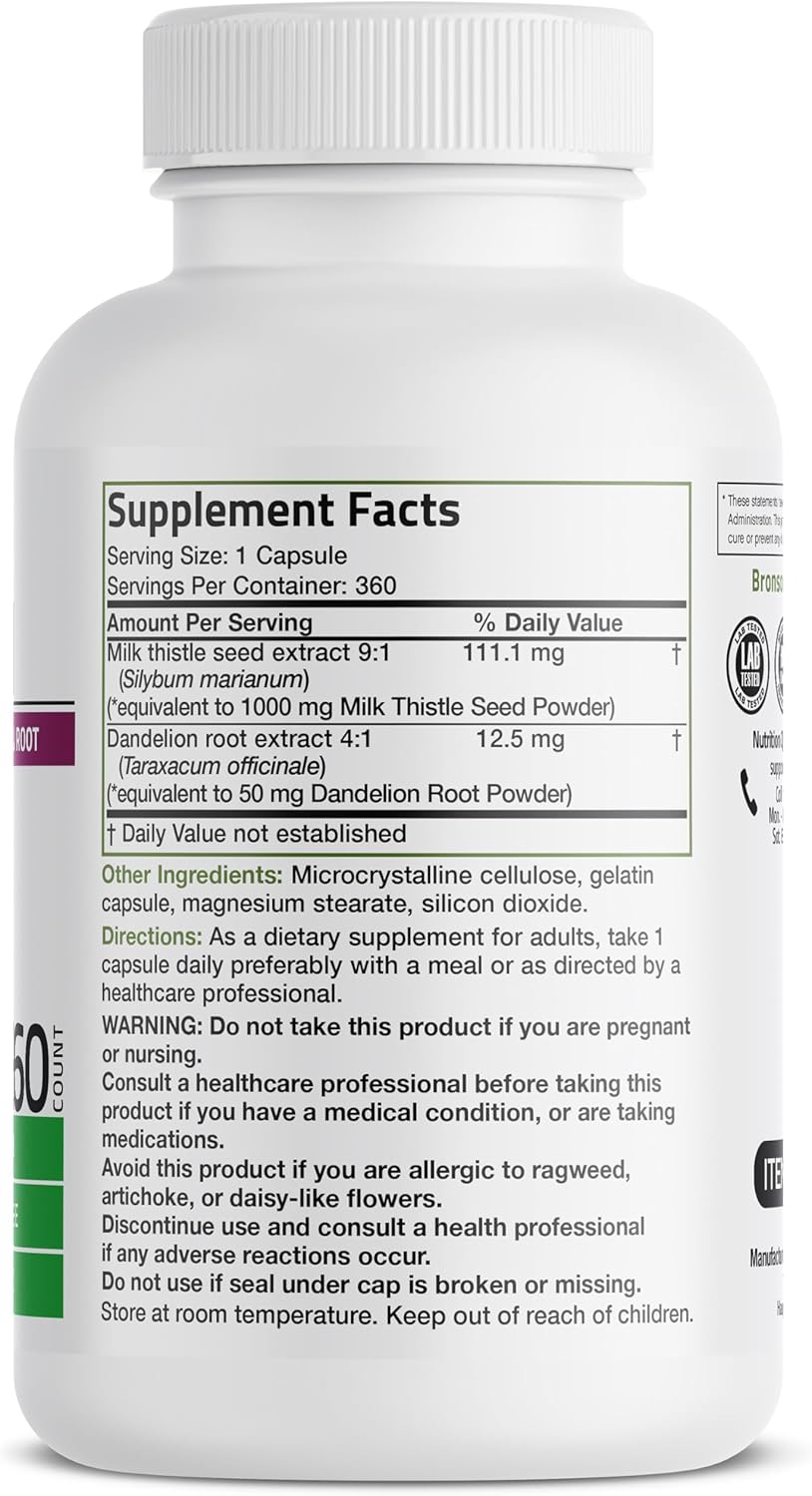 360 Capsules Bronson Milk Thistle Silymarin & Dandelion Root Liver Detox Support with Antioxidant Properties