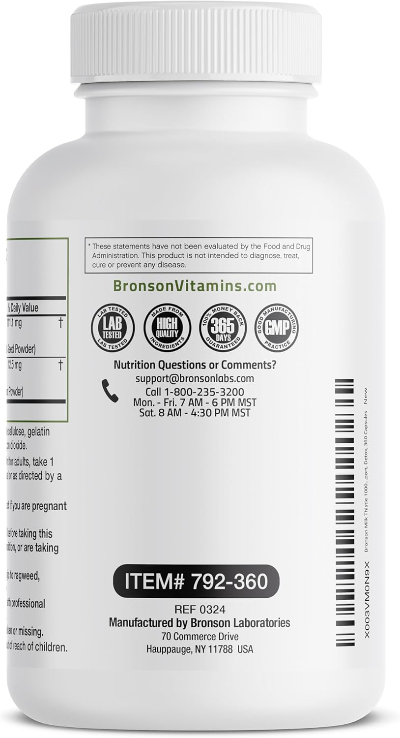 360 Capsules Bronson Milk Thistle Silymarin & Dandelion Root Liver Detox Support with Antioxidant Properties