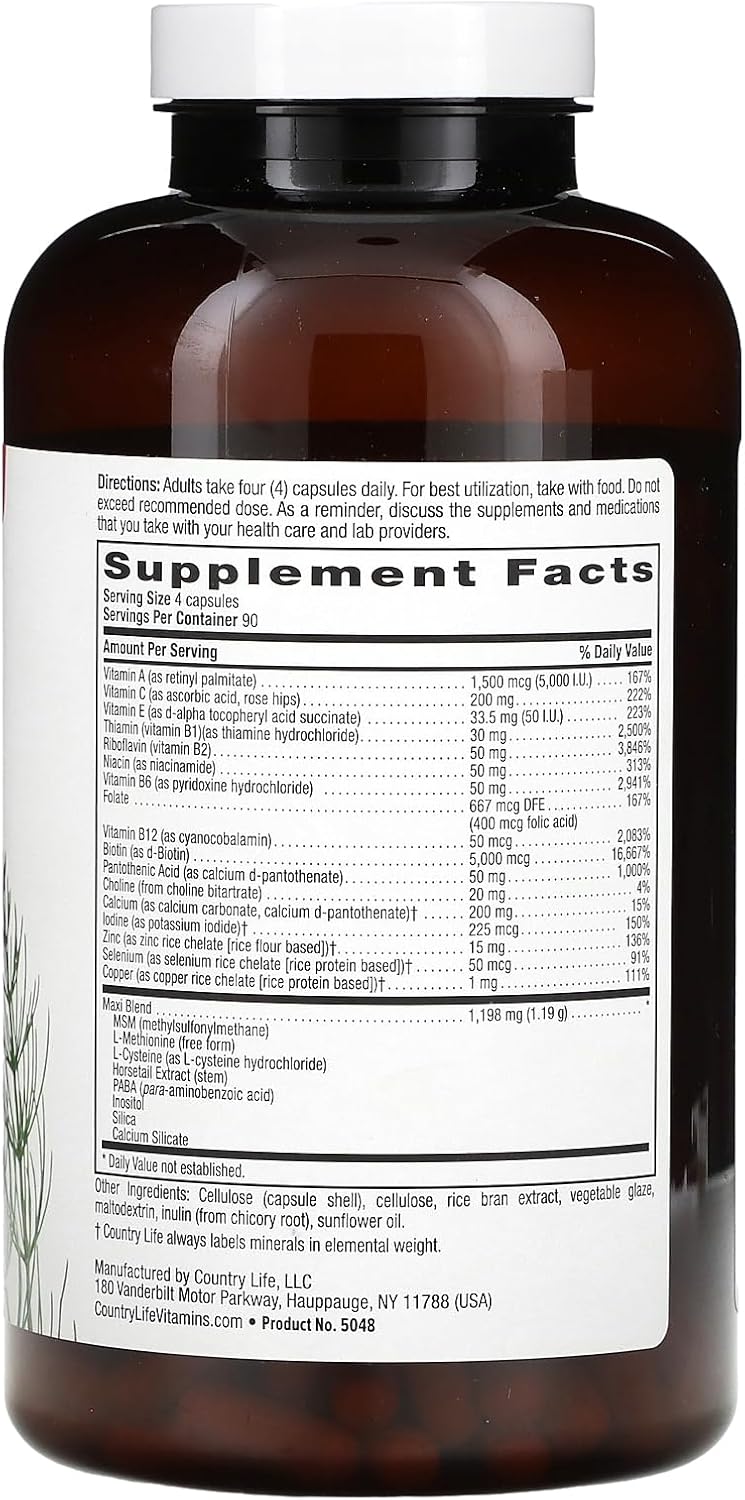 360 Capsules Country Life Maxi-Hair Plus with 5000 mcg Biotin - Certified Gluten Free & Vegetarian