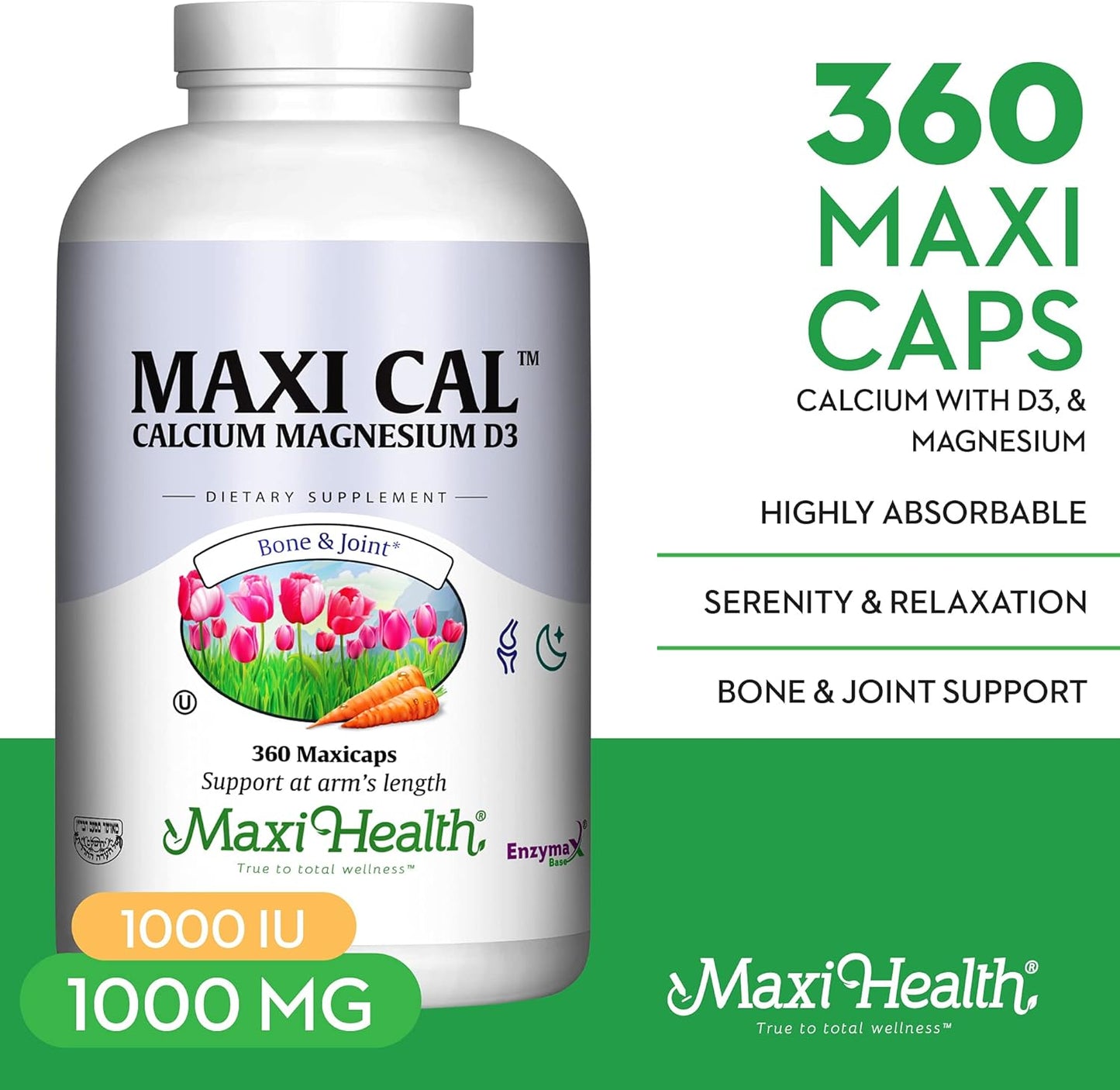 360 Capsules Maxi Health Calcium 1000mg with Vitamin D3 and Magnesium - Bone, Teeth, and Joint Support for Men and Women - Maxi Cal Supplement