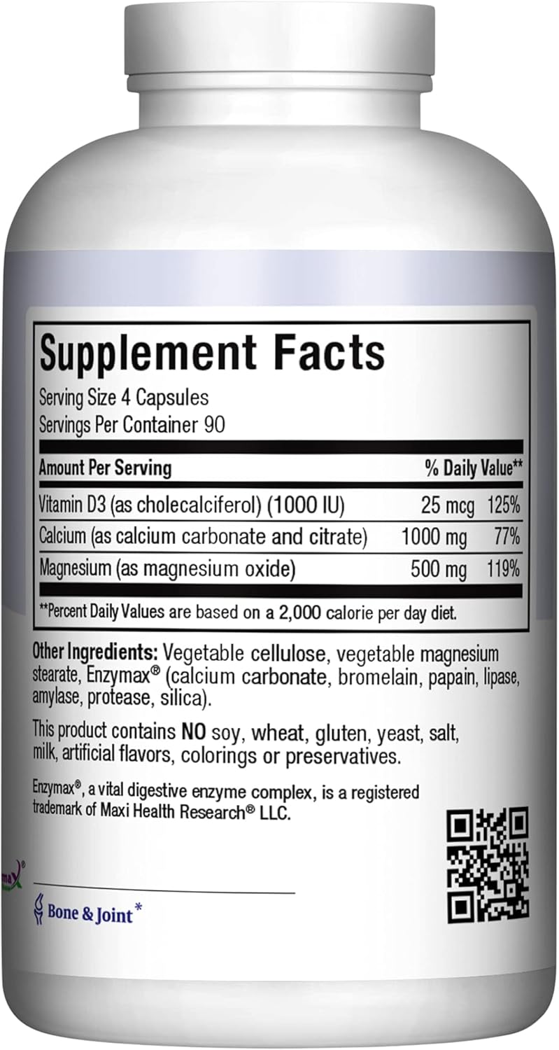 360 Capsules Maxi Health Calcium 1000mg with Vitamin D3 and Magnesium - Bone, Teeth, and Joint Support for Men and Women - Maxi Cal Supplement