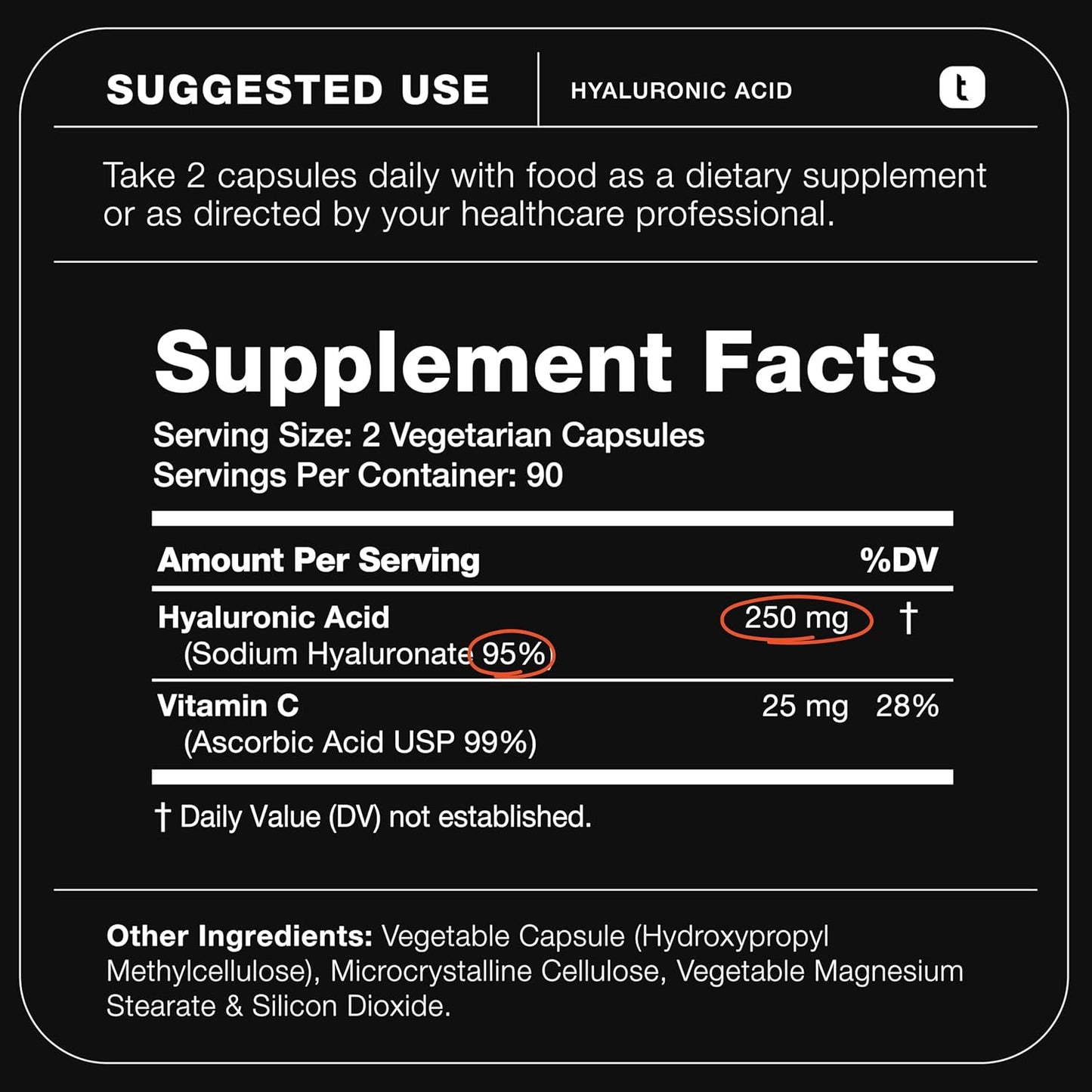 360 Capsules of Toniiq Ultra High Purity Hyaluronic Acid with 95%+ Purification, 275mg Formula, Non-GMO Fermentation, Vitamin C, Highly Bioavailable