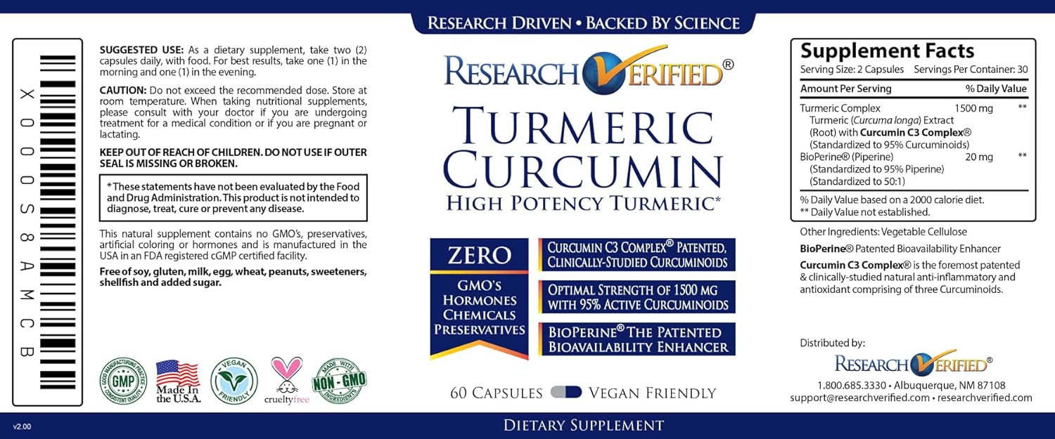 360 Capsules Research Verified Turmeric Curcumin with BioPerine & Curcumin C3 Complex - Vegan - Made in USA