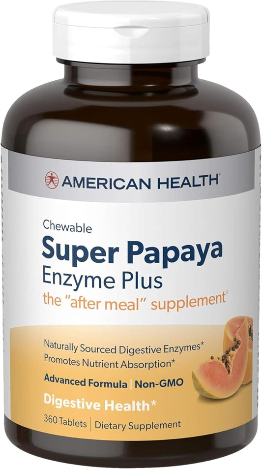 360 Count American Health Super Papaya Enzyme Plus Chewable Tablets with Papain & Natural Enzymes for Digestion & Nutrient Absorption, Papaya Flavor