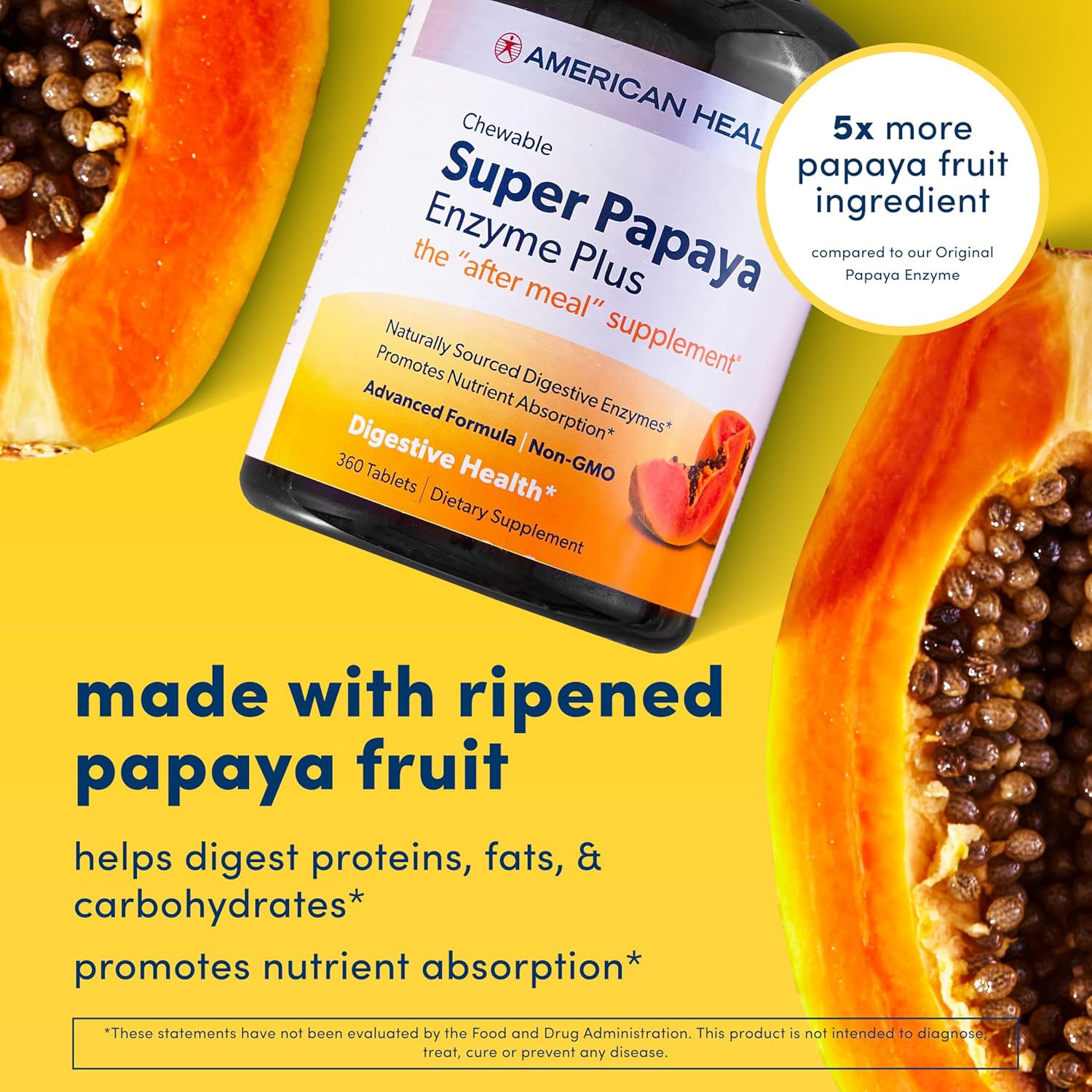 360 Count American Health Super Papaya Enzyme Plus Chewable Tablets with Papain & Natural Enzymes for Digestion & Nutrient Absorption, Papaya Flavor