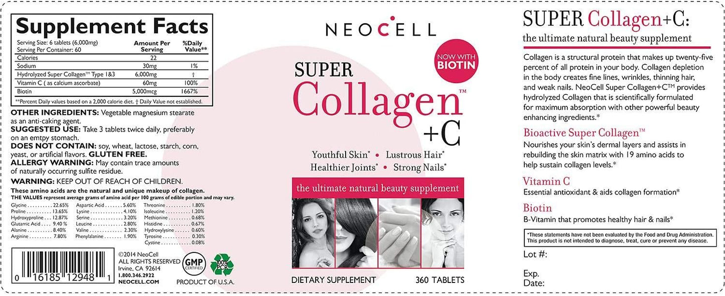 360 Count American Standard AS Collagen +C Supplement for Skin and Immune Support