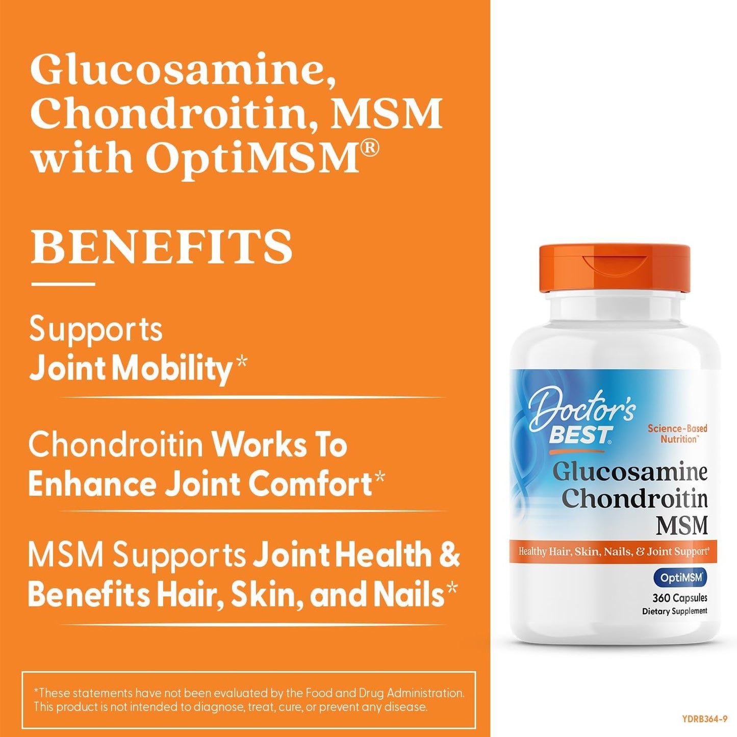 360 Count Doctor's Best Glucosamine Chondroitin MSM Capsules for Joint Support, OptiMSM Supplement Supports Healthy Joint Function, Non-GMO & Gluten Free