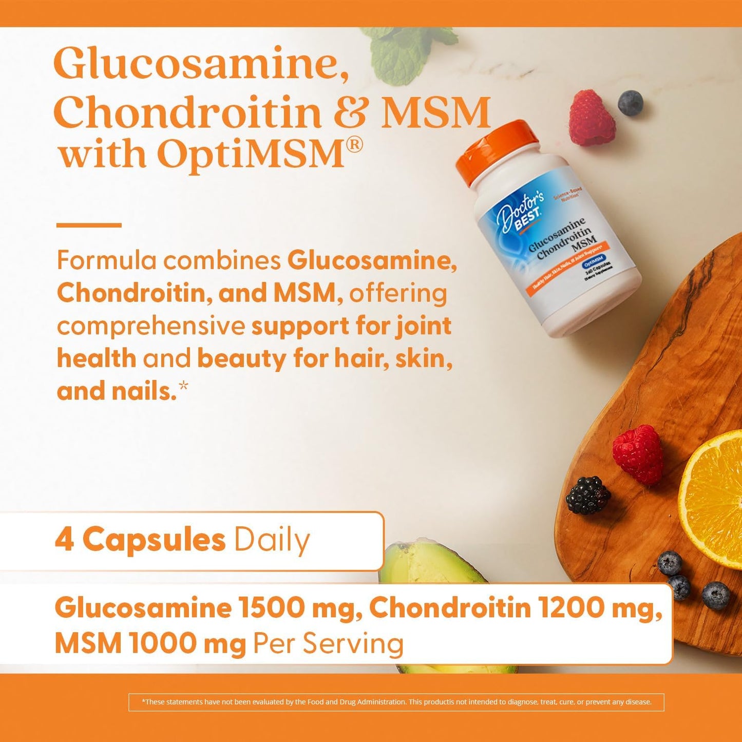 360 Count Doctor's Best Glucosamine Chondroitin MSM Capsules for Joint Support, OptiMSM Supplement Supports Healthy Joint Function, Non-GMO & Gluten Free