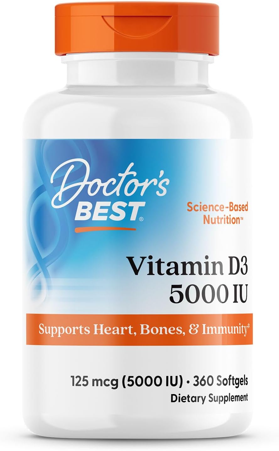 360 Count Doctor's Best Vitamin D3 5,000 IU Capsules for Bone, Teeth, Heart & Immune Health - Non-GMO, Gluten & Soy Free