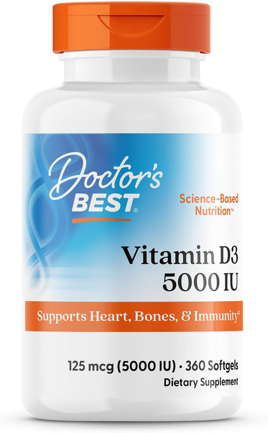 360 Count Doctor's Best Vitamin D3 5,000 IU Capsules for Bone, Teeth, Heart & Immune Health - Non-GMO, Gluten & Soy Free