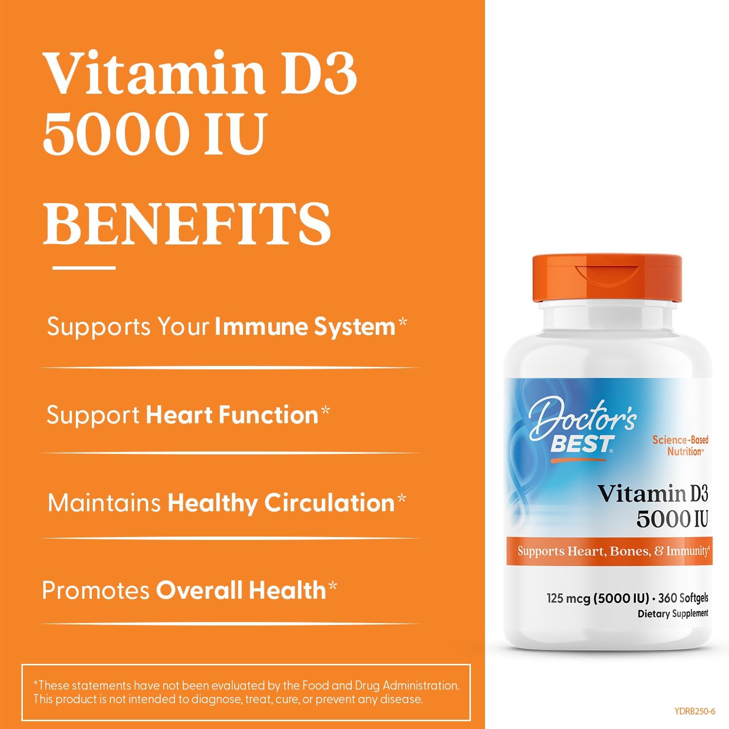 360 Count Doctor's Best Vitamin D3 5,000 IU Capsules for Bone, Teeth, Heart & Immune Health - Non-GMO, Gluten & Soy Free