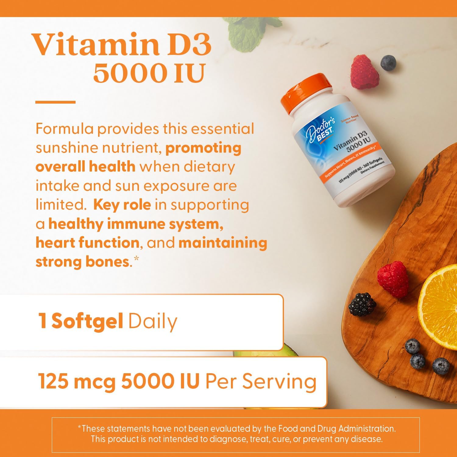 360 Count Doctor's Best Vitamin D3 5,000 IU Capsules for Bone, Teeth, Heart & Immune Health - Non-GMO, Gluten & Soy Free