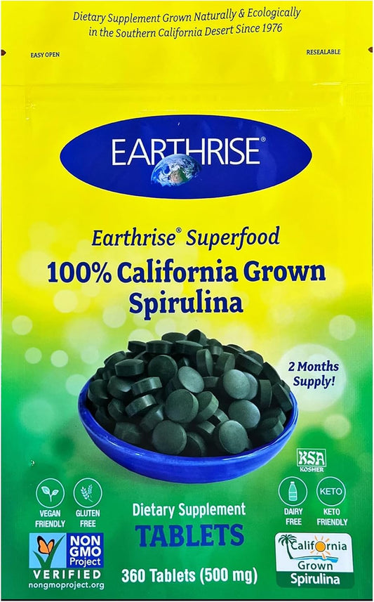 360 Count Earthrise Superfood Spirulina 500mg Tablets - Premium California Grown, Vegan, Gluten Free, Keto Friendly, Non-GMO - Packed with Vitamins & Minerals