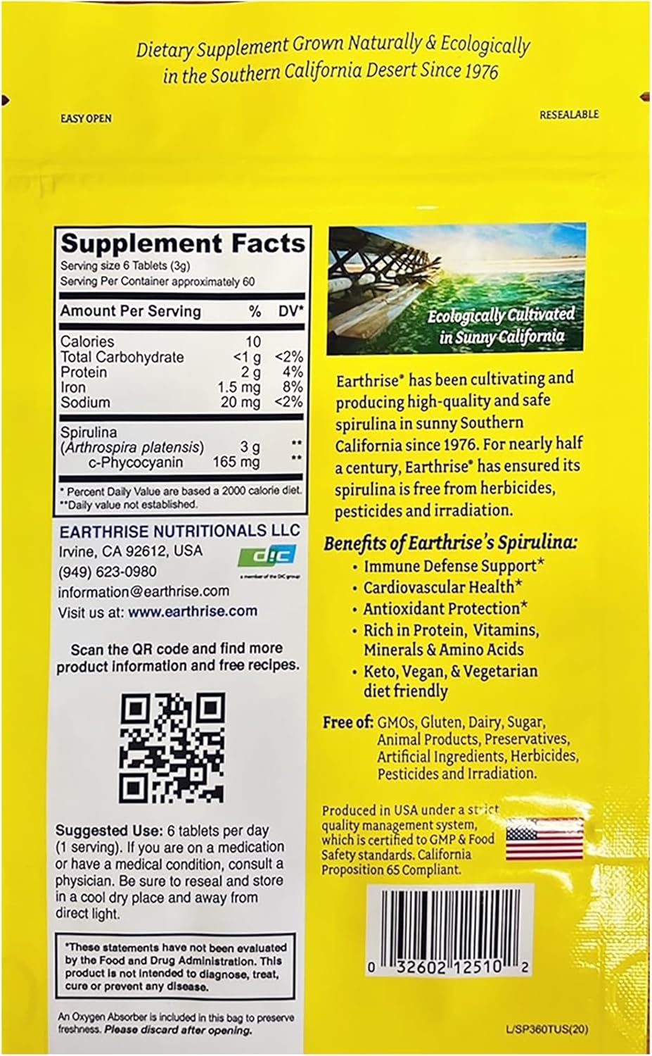 360 Count Earthrise Superfood Spirulina 500mg Tablets - Premium California Grown, Vegan, Gluten Free, Keto Friendly, Non-GMO - Packed with Vitamins & Minerals