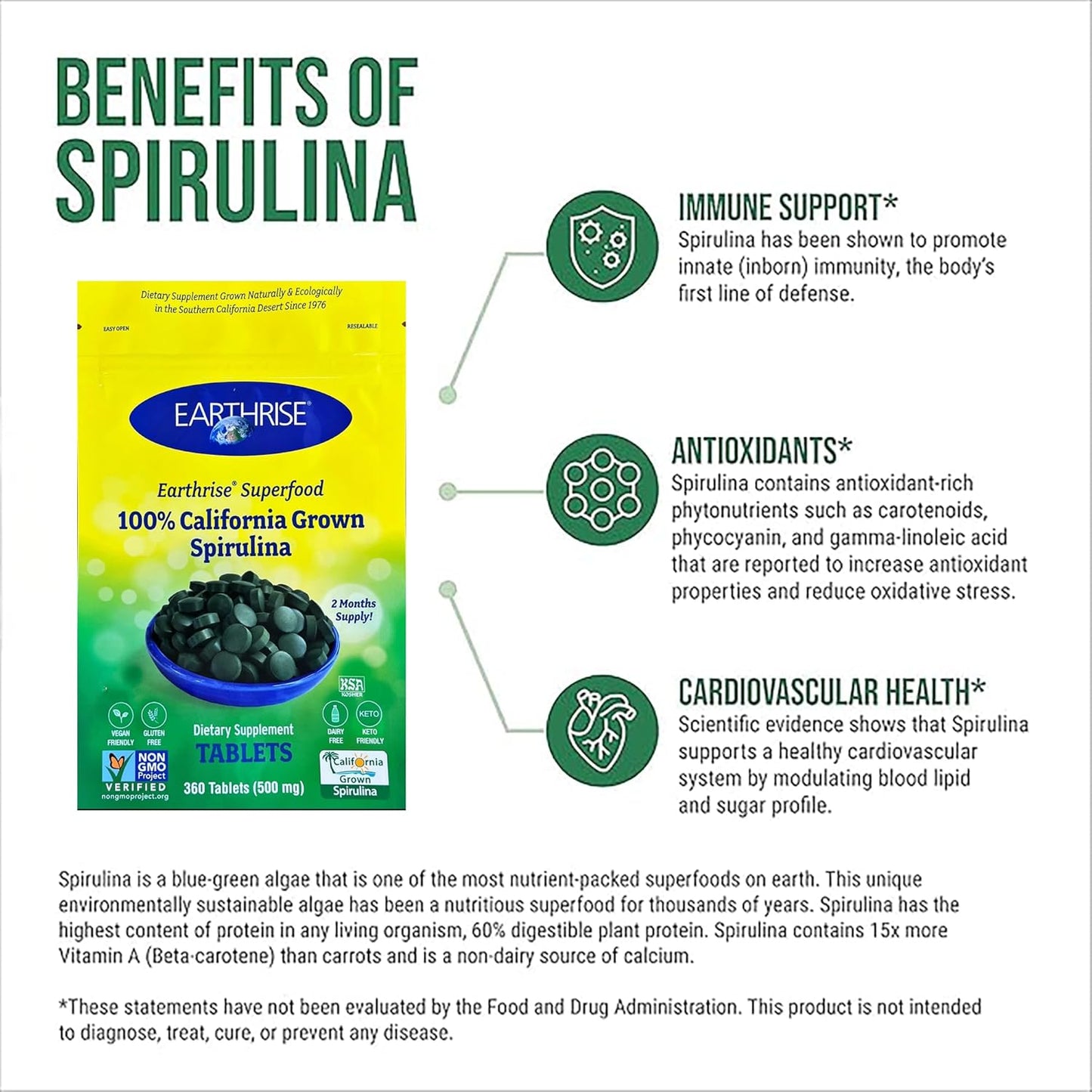 360 Count Earthrise Superfood Spirulina 500mg Tablets - Premium California Grown, Vegan, Gluten Free, Keto Friendly, Non-GMO - Packed with Vitamins & Minerals