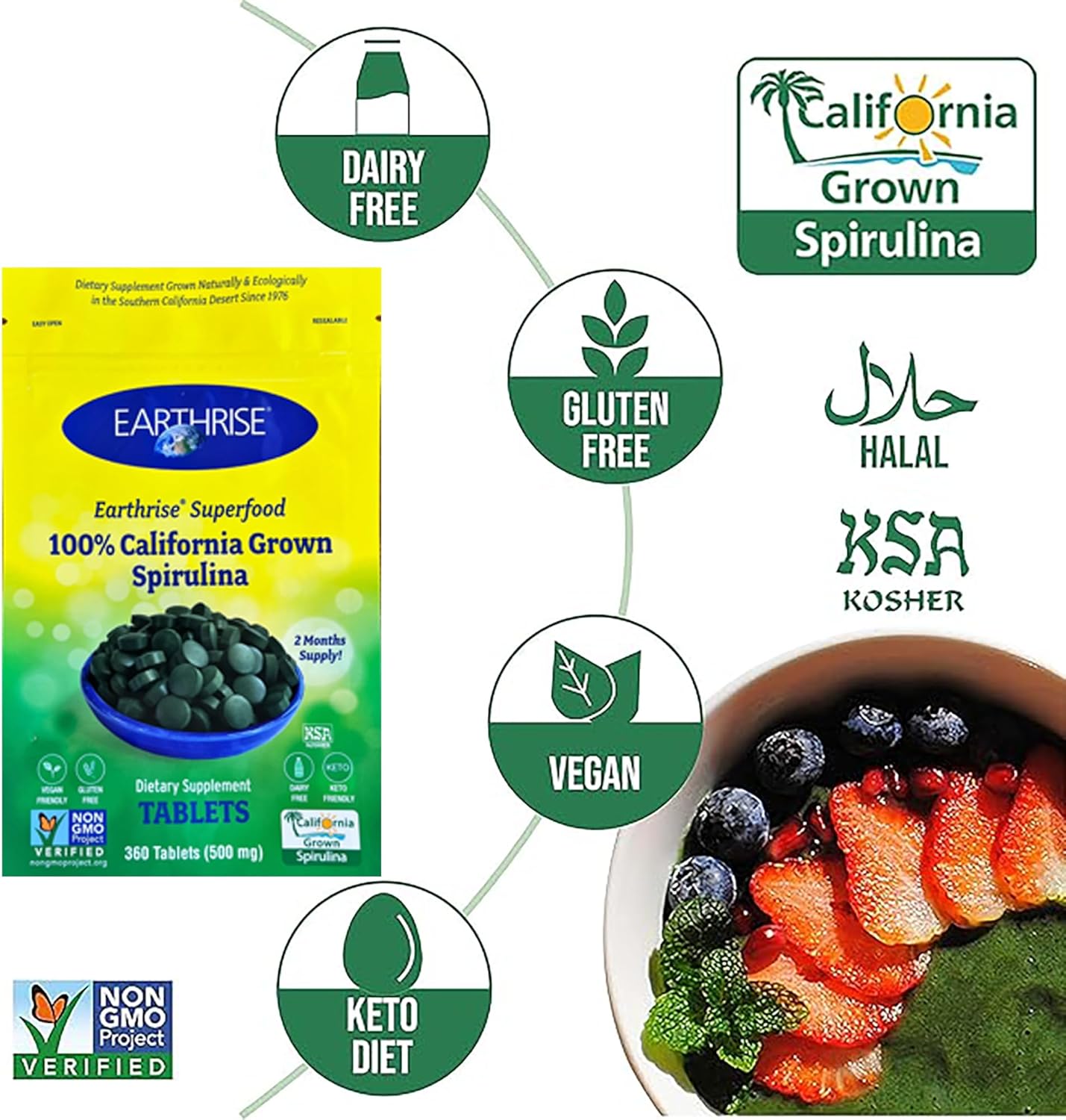 360 Count Earthrise Superfood Spirulina 500mg Tablets - Premium California Grown, Vegan, Gluten Free, Keto Friendly, Non-GMO - Packed with Vitamins & Minerals