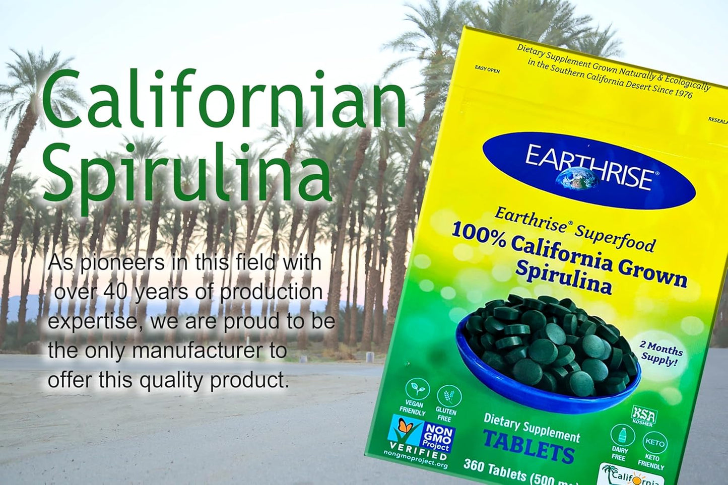 360 Count Earthrise Superfood Spirulina 500mg Tablets - Premium California Grown, Vegan, Gluten Free, Keto Friendly, Non-GMO - Packed with Vitamins & Minerals