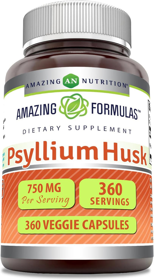 360 Count Psyllium Husk 750mg Veggie Capsules - Non-GMO, Gluten Free, Made in USA - Suitable for Vegetarians - Amazing Nutrition & Formulas