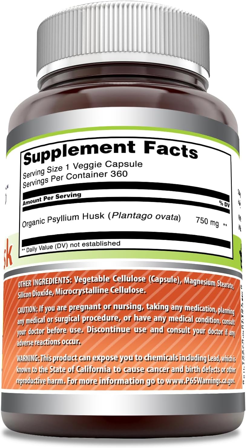 360 Count Psyllium Husk 750mg Veggie Capsules - Non-GMO, Gluten Free, Made in USA - Suitable for Vegetarians - Amazing Nutrition & Formulas