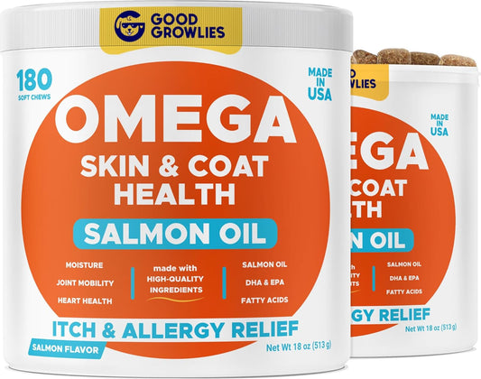 360 Ct Omega 3 Alaskan Fish Oil Dog Treats for Dry Skin, Allergies, Coats, Joints - Natural Salmon Chews with EPA & DHA Fatty Acids