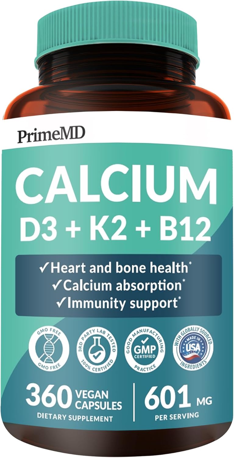360 ct PrimeMD Calcium Supplements - 600mg Calcium, Vitamin D3 K2 5000 IU - Heart, Bone & Body Defense - Gluten-Free, Vegan - Men & Women